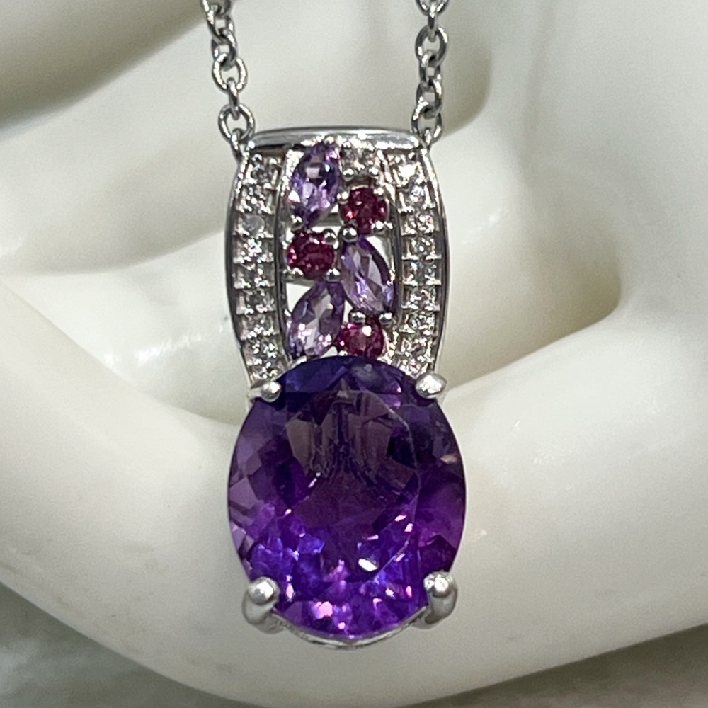 African Amethyst Multigemstone Silver Pendant 20” Necklace
